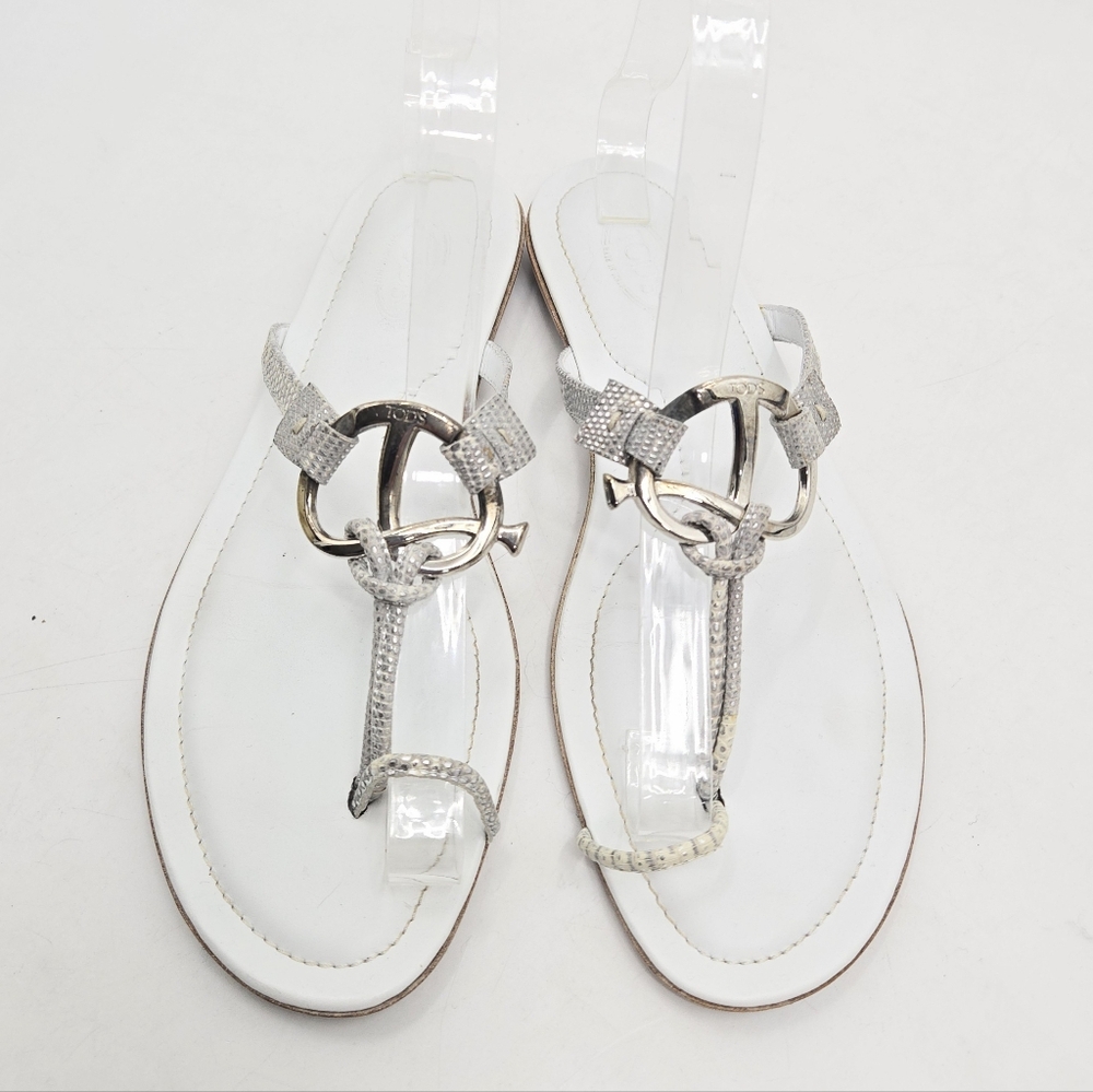 Tod's Sandals White Snake‎ Leather Strappy Flats